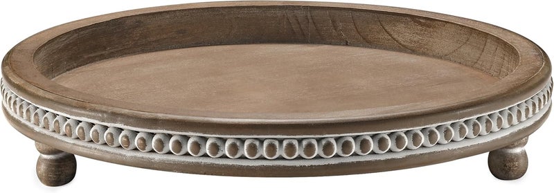 KULEDM Handmade 12 Inch Decorative Tray, Small Beaded Tray Coffee Table Decor, Warm Brown Round Wooden Tray for Coffee Table, Dining Room Table Entryway and Living Room Table - Image 1